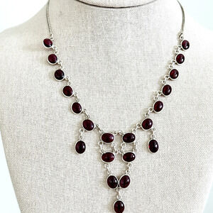 925 Sterling Silver Vintage Genuine Garnet Cabochon Chandelier Drop Necklace 17"